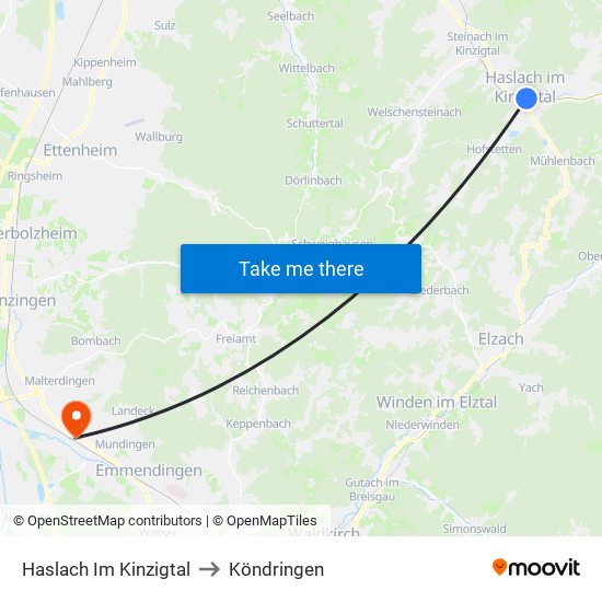 Haslach Im Kinzigtal to Köndringen map