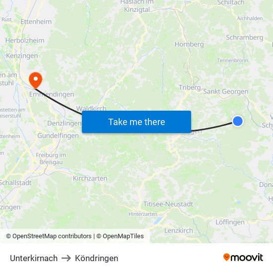 Unterkirnach to Köndringen map