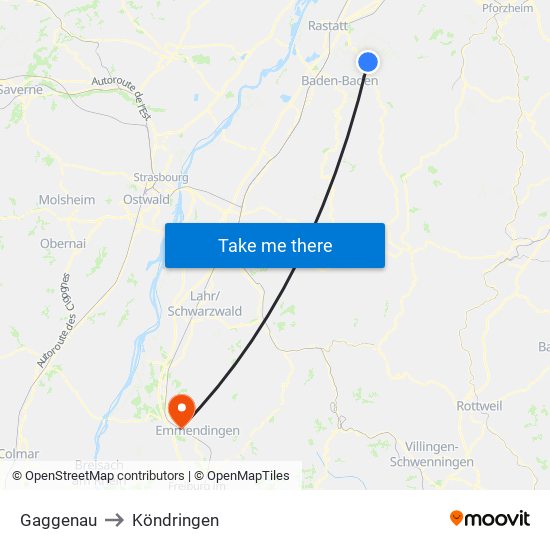 Gaggenau to Köndringen map