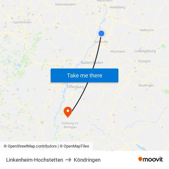 Linkenheim-Hochstetten to Köndringen map