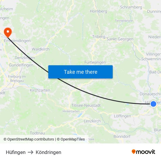 Hüfingen to Köndringen map