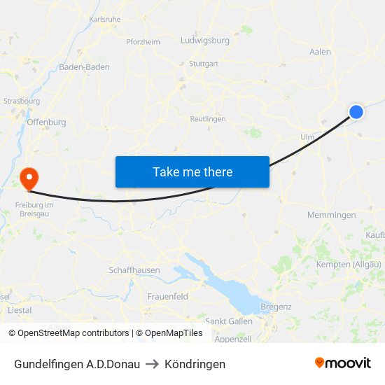Gundelfingen A.D.Donau to Köndringen map
