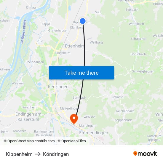 Kippenheim to Köndringen map