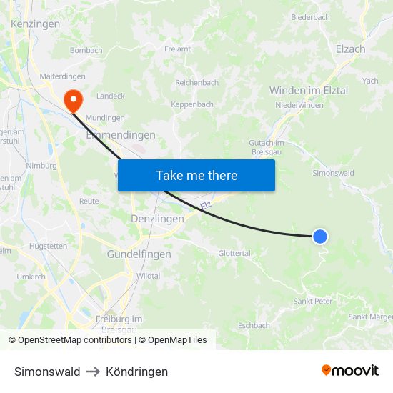 Simonswald to Köndringen map
