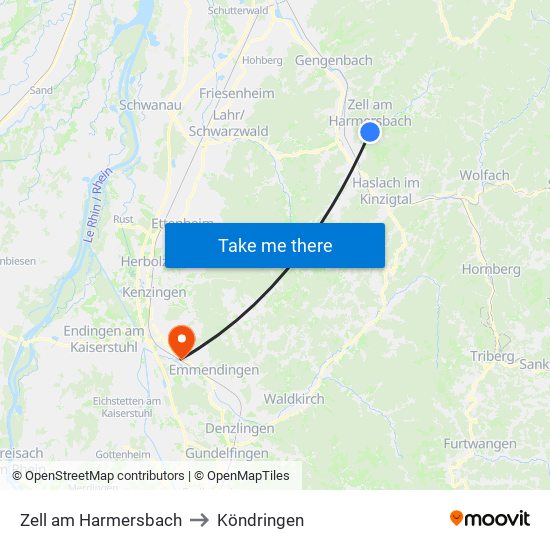 Zell am Harmersbach to Köndringen map