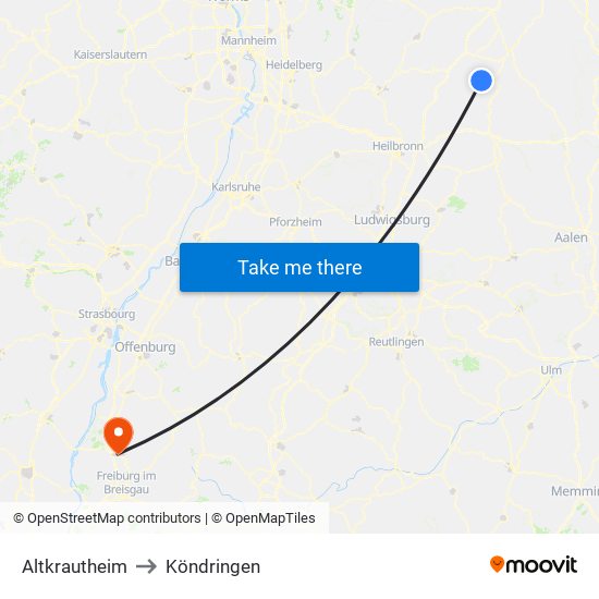 Altkrautheim to Köndringen map