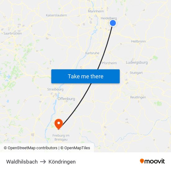 Waldhilsbach to Köndringen map