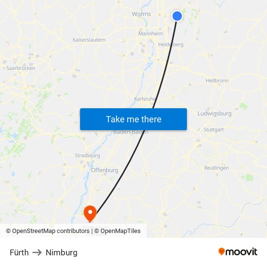 Fürth to Nimburg map