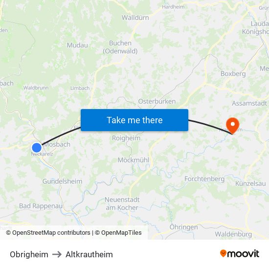 Obrigheim to Altkrautheim map