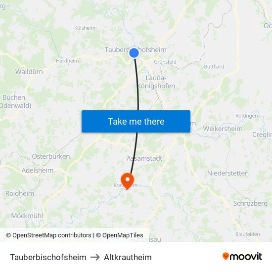 Tauberbischofsheim to Altkrautheim map