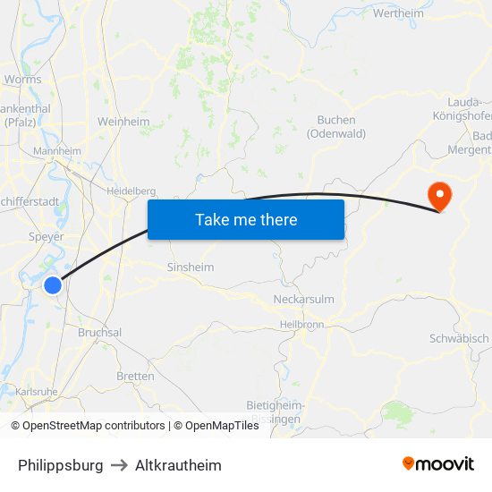 Philippsburg to Altkrautheim map