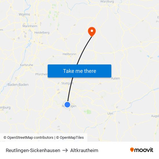 Reutlingen-Sickenhausen to Altkrautheim map