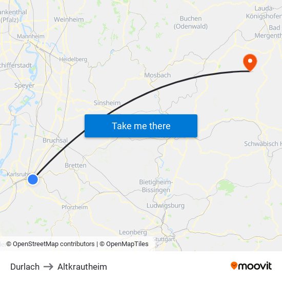 Durlach to Altkrautheim map