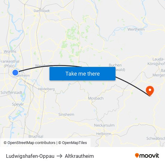 Ludwigshafen-Oppau to Altkrautheim map