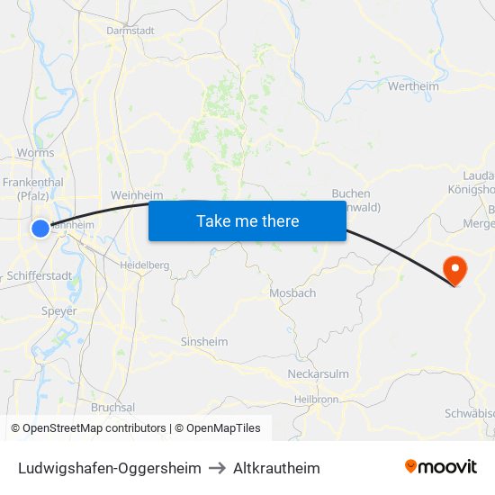 Ludwigshafen-Oggersheim to Altkrautheim map