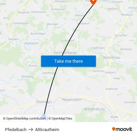 Pfedelbach to Altkrautheim map