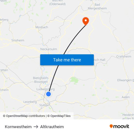 Kornwestheim to Altkrautheim map