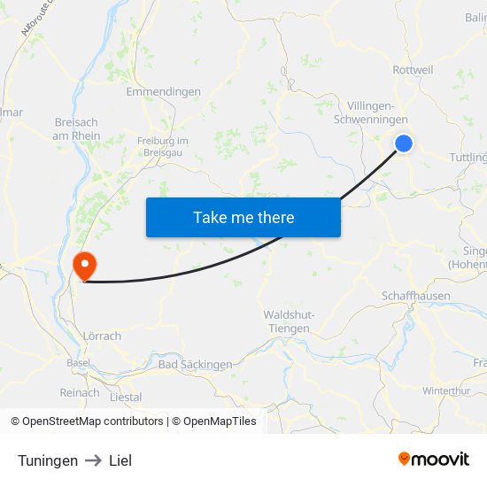 Tuningen to Liel map