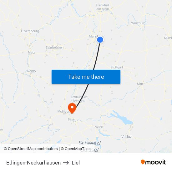 Edingen-Neckarhausen to Liel map