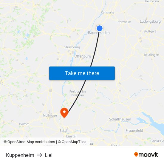 Kuppenheim to Liel map