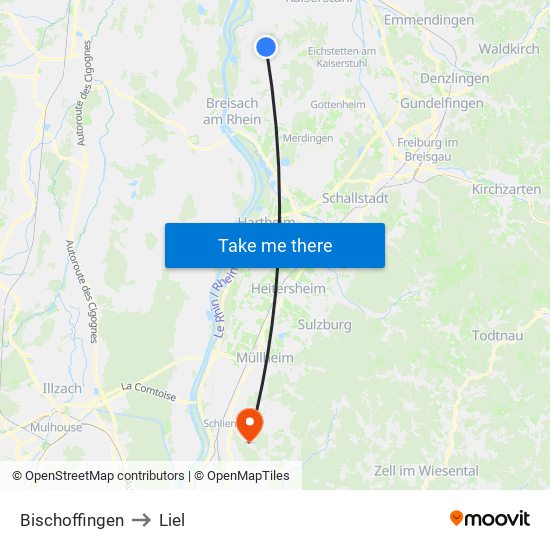 Bischoffingen to Liel map