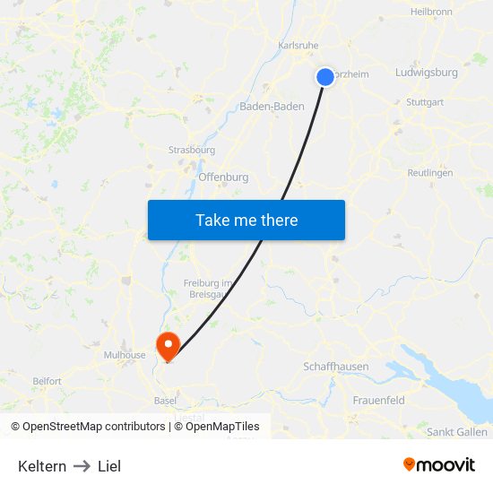 Keltern to Liel map