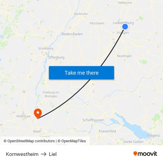 Kornwestheim to Liel map