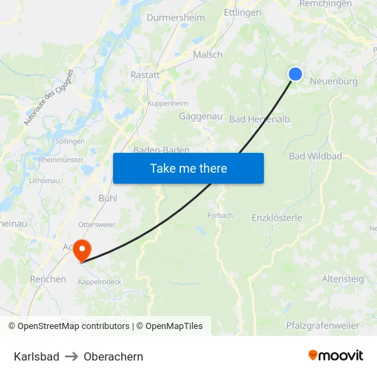 Karlsbad to Oberachern map