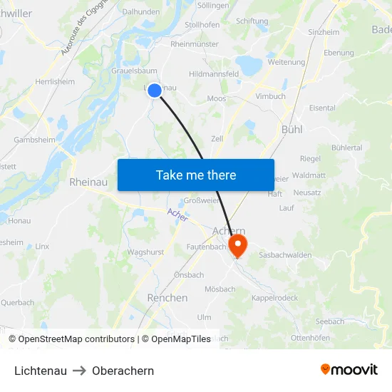 Lichtenau to Oberachern map
