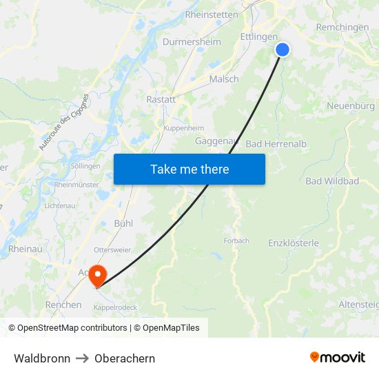 Waldbronn to Oberachern map