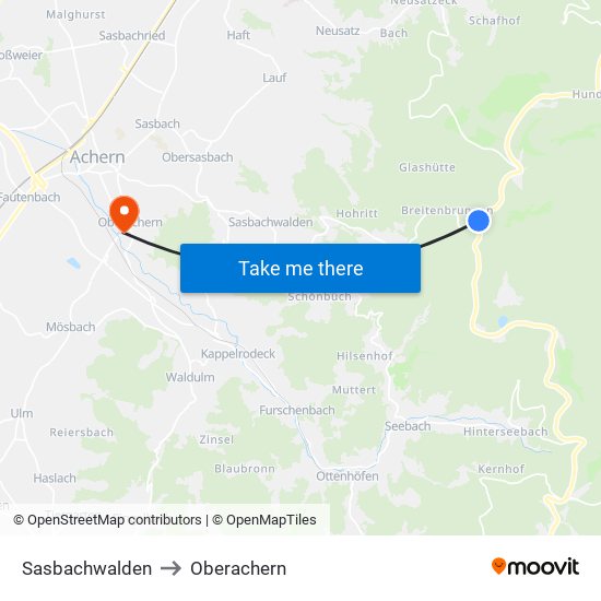 Sasbachwalden to Oberachern map