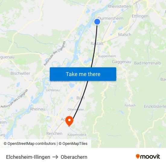 Elchesheim-Illingen to Oberachern map