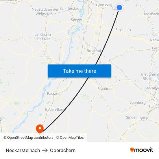 Neckarsteinach to Oberachern map