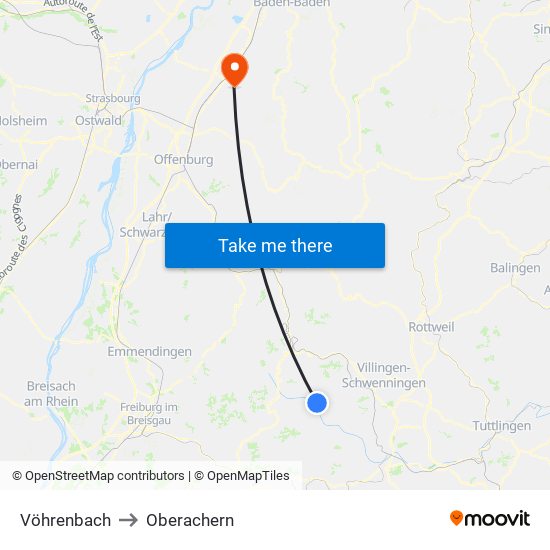 Vöhrenbach to Oberachern map