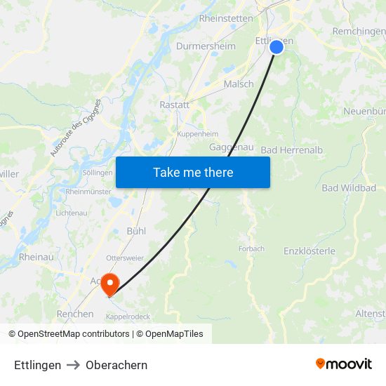 Ettlingen to Oberachern map