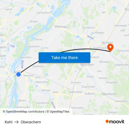 Kehl to Oberachern map