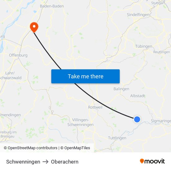 Schwenningen to Oberachern map