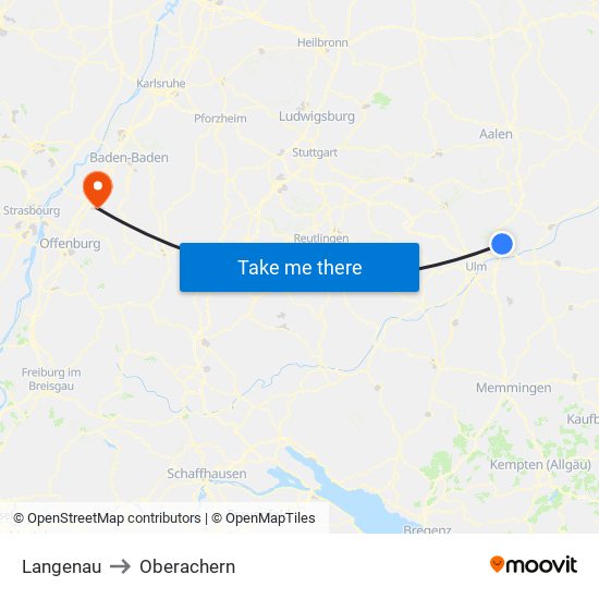 Langenau to Oberachern map