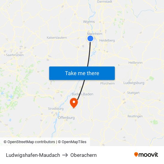 Ludwigshafen-Maudach to Oberachern map