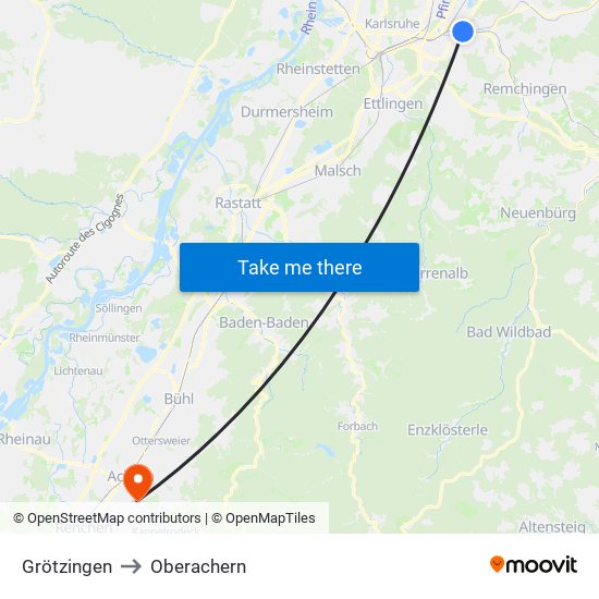 Grötzingen to Oberachern map