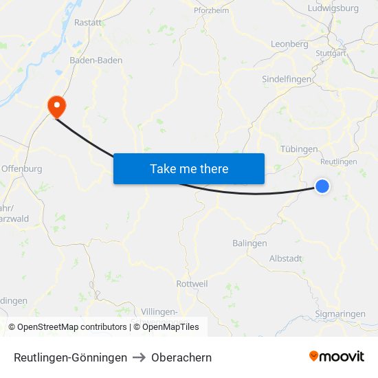 Reutlingen-Gönningen to Oberachern map