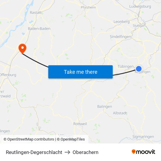 Reutlingen-Degerschlacht to Oberachern map