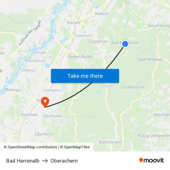 Bad Herrenalb to Oberachern map