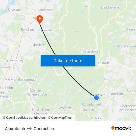 Alpirsbach to Oberachern map