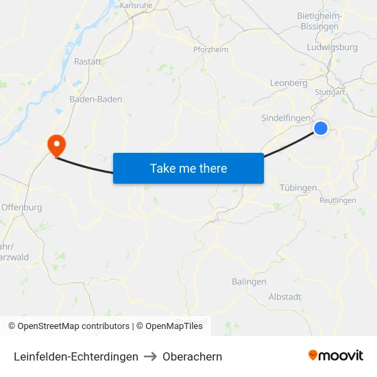 Leinfelden-Echterdingen to Oberachern map