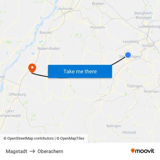 Magstadt to Oberachern map