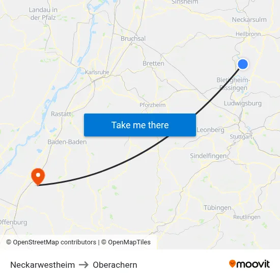 Neckarwestheim to Oberachern map