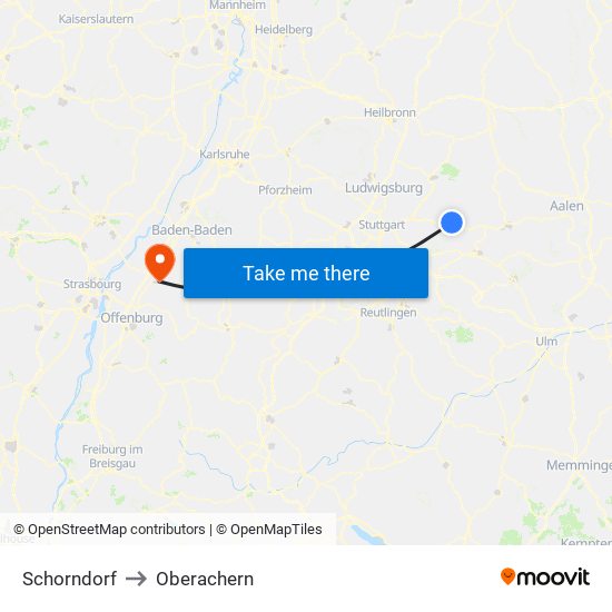 Schorndorf to Oberachern map