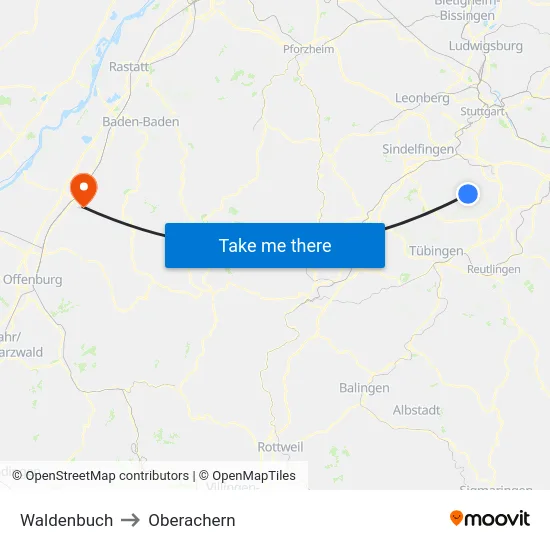 Waldenbuch to Oberachern map