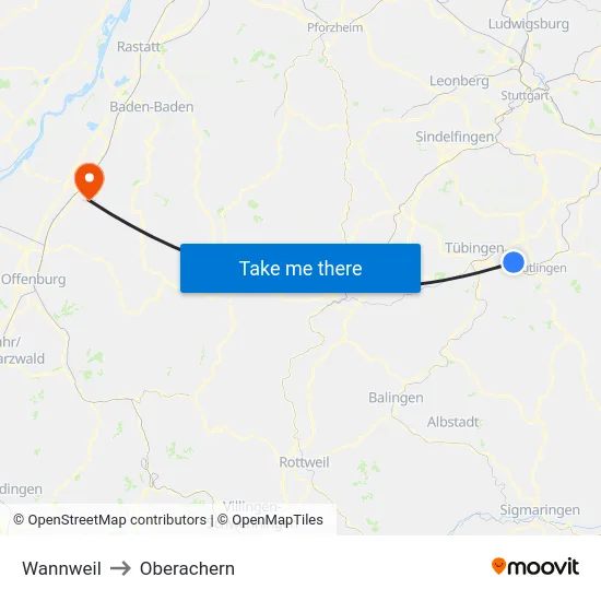 Wannweil to Oberachern map